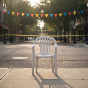 Empty plastic chair in a festive street, calm atmosphere, with colorful flags in the background.