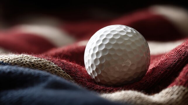 A white golf ball rests gracefully on a textured fabric surface with dramatic side lighting. Sports equipment background for athletic themes.
