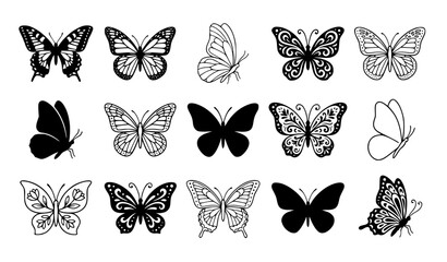 Set of various butterfly silhouettes and line art illustrations for creative design projects and decorative patterns © Parvin