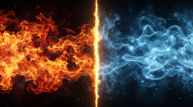 Conceptual image of fire and ice colliding, representing the contrast between heat and cold, energy and stillness in a split composition