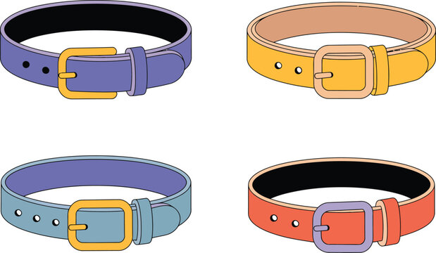 Four colorful military-style belt straps with adjustable buckles in flat vector design
