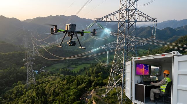 Industrial drone inspecting high voltage power lines with a worker monitoring thermal data from a mobile control station in the mountains during a sunny afternoon