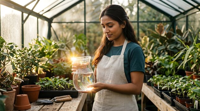 Young woman watering plants inside a sunny greenhouse at garden nursery