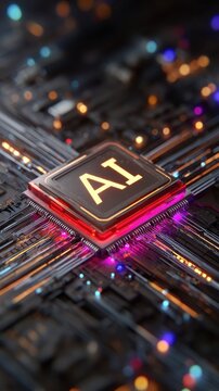 Advanced artificial intelligence microchip processor glowing on a complex circuit board. Conceptual image for modern tech hardware and computer.