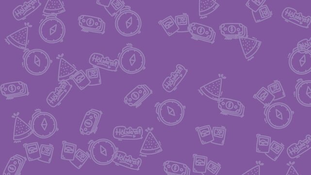 Purple background with patterned white outline party hats, clocks, money, and speech bubbles icons. Perfect for festive event graphics.