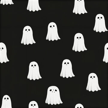 Cute ghost pattern with tiny rounded white figures on black background creating minimalist spooky design