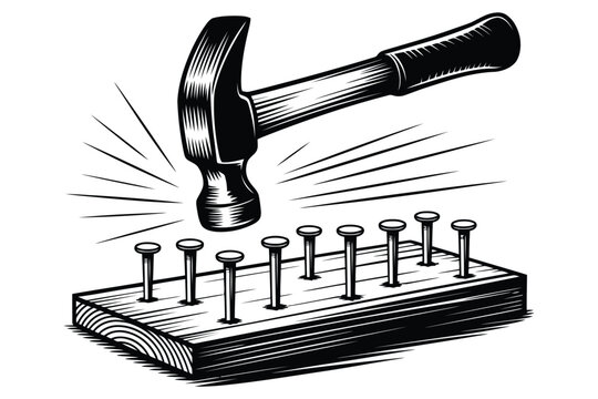 Hammer hitting nails on wooden plank concept of hard work and construction.