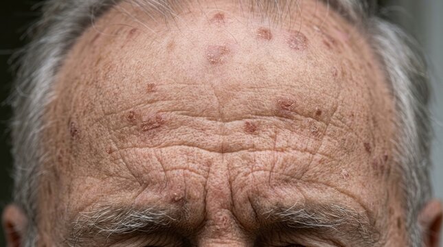 close up of senior man forehead skin with keratosis lesions