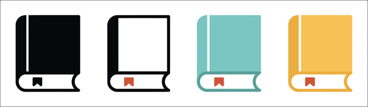 Book logo vector icon collection featuring open and closed book symbols in different line styles, reading, literature, education, learning, and minimalist publishing design.