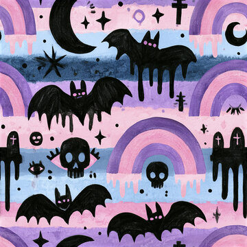 Cute pastel goth seamless pattern filled with bat silhouettes, dripping skulls, moons, and rainbows in purple and pink tones