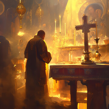 Serene Orthodox Christmas prayer scene with a glowing golden iconostasis, priests in traditional vestments, soft incense haze, and silent candlelit worshippers in peaceful devotion