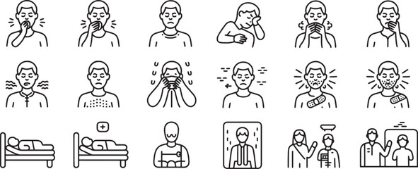 Fototapeta premium People Icons Set with Various Sickness Symptoms, Medical Treatments, and Recovery Stages