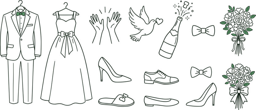 Wedding elements collection set with elegant dress tuxedo champagne dove flowers shoes and accessories icons in line art style