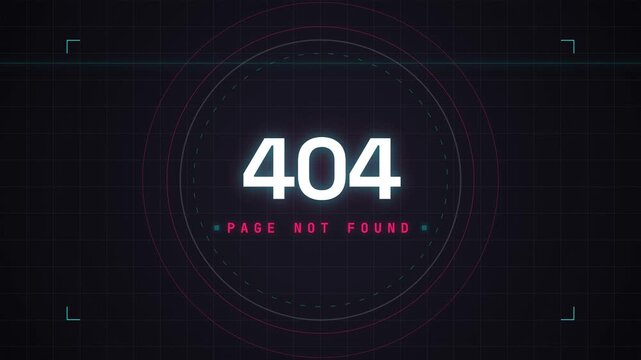 Glowing 404 page not found error with cyber interface elements on a dark technological background.