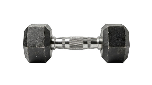 Cast iron hexagonal dumbbell with knurled chrome handle for strength training and muscle building fitness routines.