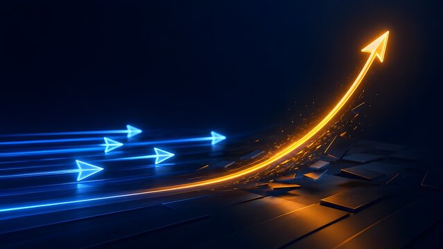 Glowing orange arrow breaking away from blue horizontal arrows and shooting upwards shattering the ground representing business breakthrough and innovative growth strategy