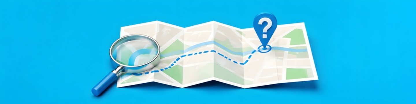 3D render of a folded map with a magnifying glass and a dashed route leading to a location pin with a question mark representing search and navigation