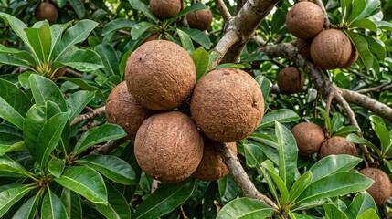 Fototapeta premium Cluster of ripe brown sapodilla fruits hanging from a tree branch, surrounded by lush green leaves in an orchard setting, showcasing the textured skin and round shape of the tropical fruit