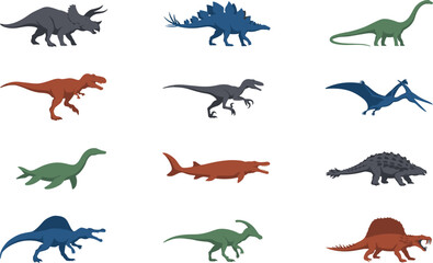 Colorful Dinosaur Vector Silhouette Icon Set Featuring T-Rex, Triceratops, Stegosaurus, and Pterodactyl For Educational Graphics, Children Posters, and Paleontology Theme Designs © MDJulfikar
