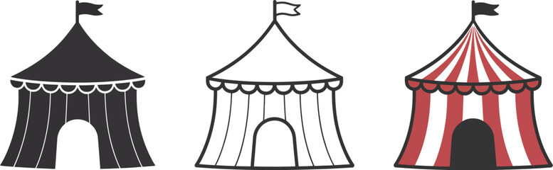 Circus tent icons in solid black, minimal outline, and red white striped styles for carnival, festival, entertainment, and show designs. © Ashraful 2