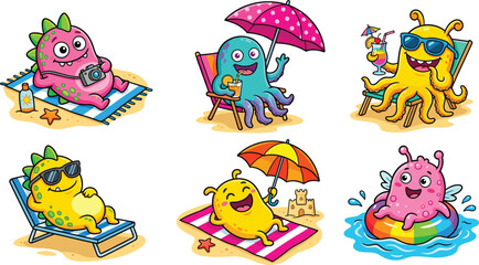 Cute cartoon monsters enjoying summer beach vacation, relaxing with drinks, isolated vector illustration © VectoVerse