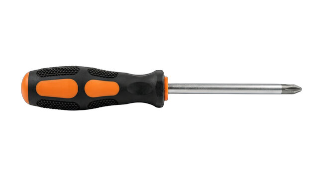 Professional steel phillips head screwdriver with ergonomic black and orange rubber handle for repair tasks.