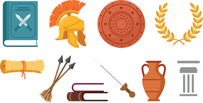 Ancient Greece and Rome History Icon Set Featuring Roman Helmet Shield Sword Laurel Wreath Scroll Amphora and Classical Column Vector Elements