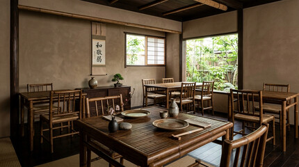Fototapeta premium Traditional Japanese Restaurant Interior with Wooden Furniture.