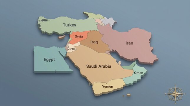 3D isometric map of Middle East countries with labeled borders