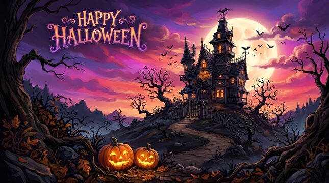 A spooky and delightful halloween scene featuring a haunted castle under a full moon's glow