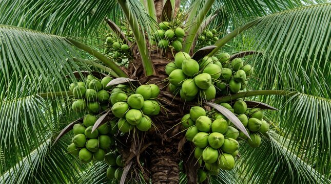 Clusters of green coconuts hanging from a tall palm tree with long, feathery, radiating fronds, captured in a low-angle view showing the dense tropical foliage and fruit growth