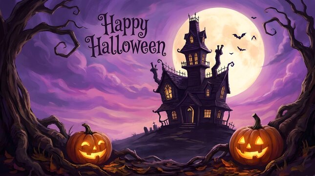 A spooky and enchanting halloween scene featuring a haunted house under a full moon's glow
