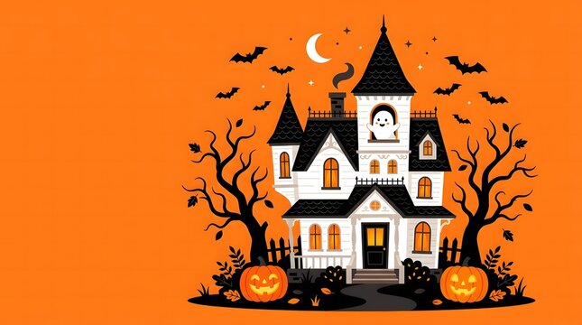 A charming vintage illustration of a spooky haunted house pumpkins bats and a crescent moon for halloween