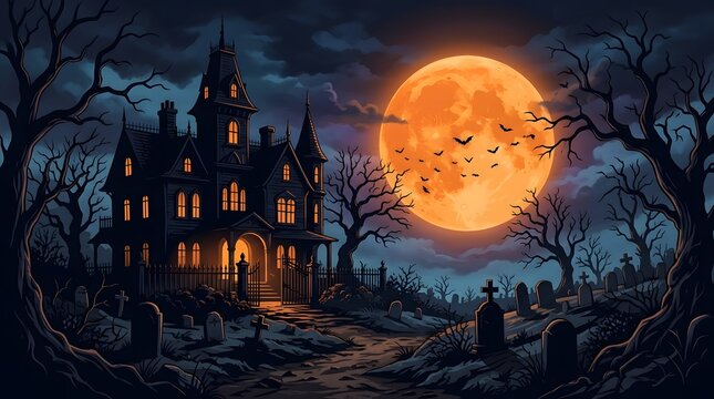 A spooky halloween night scene featuring a haunted mansion silhouetted against a bright full moon