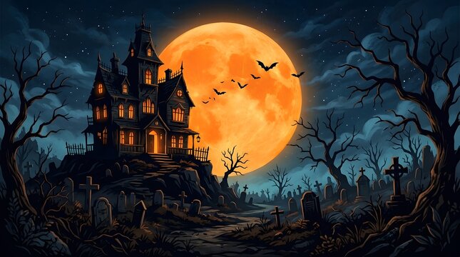 A spooky halloween night scene featuring a haunted castle silhouetted against a large glowing full moon