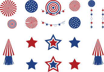 Obraz premium Patriotic American Independence Day Vector Element Set Featuring Red White and Blue Stars, Pinwheels, Bunting Garlands, and Tassels for Fourth of July Designs