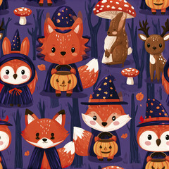 Naklejka premium Cute trick or treat forest animals pattern with foxes, owls, deer, and rabbits wearing witch hats and holding pumpkins