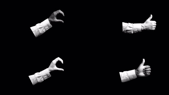Halftone hand animation showing like and dislike gestures