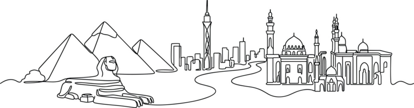 Continuous line art vector illustration of Cairo city skyline featuring pyramids and historic landmarks