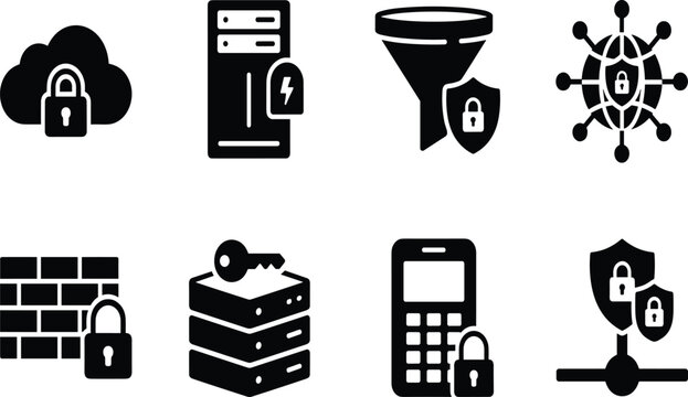 Monochrome cybersecurity and network data protection icon set featuring cloud security server firewall database encryption and global safety concepts