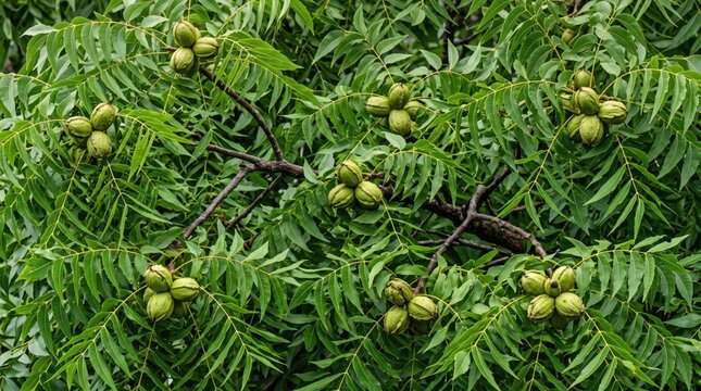 Clusters of green pecan nuts hanging from the branches of a tree, surrounded by lush, pinnate leaves in a natural orchard setting during the summer season