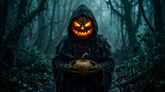 A haunting figure emerges from the shadowy forest its head ablaze with a terrifying jack o' lantern glow
