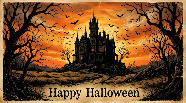 A spooky vintage halloween scene featuring a dark castle silhouetted against a dramatic sunset sky