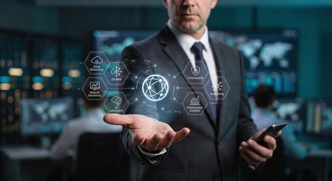 IT professional holding a holographic cloud networking and SD-WAN infrastructure dashboard.