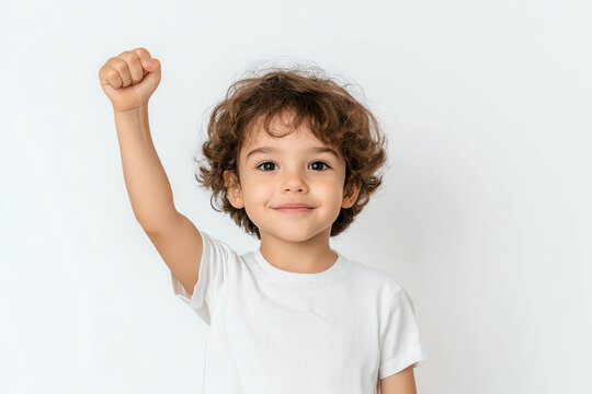 Portrait of a confident child raising a fist, smiling, and showcasing determination and joy against a clean white background.