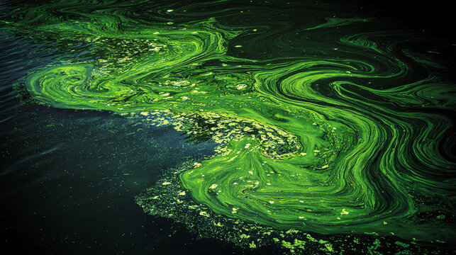 Vibrant green algae pattern swirling on a dark water surface, showcasing the beauty and complexity of aquatic ecosystems.