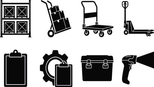 Warehouse logistics and material handling icon set featuring hand truck, pallet jack, storage racks, and barcode scanner