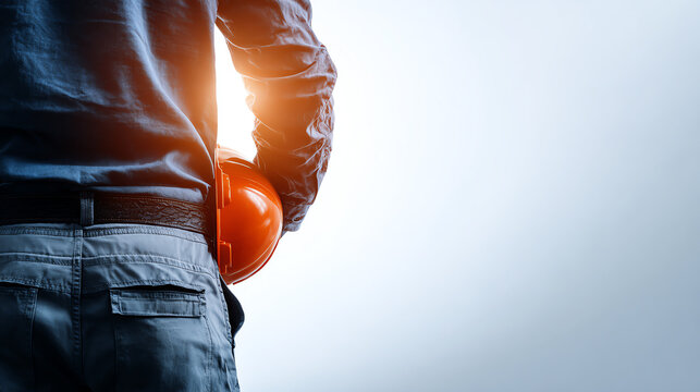 A construction worker holds a safety helmet while facing away, highlighting safety and professionalism in the workplace.