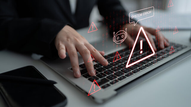 A close-up view of human hands typing on a laptop with a system error alert and digital icons, illustrating modern technology challenges in a business setting. Cyphers