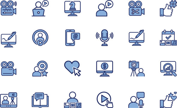 Blue Content Creator and Video Marketing Icon Set with Camera, Streaming, Podcast, Influencer, and Social Media Symbols for Digital Apps